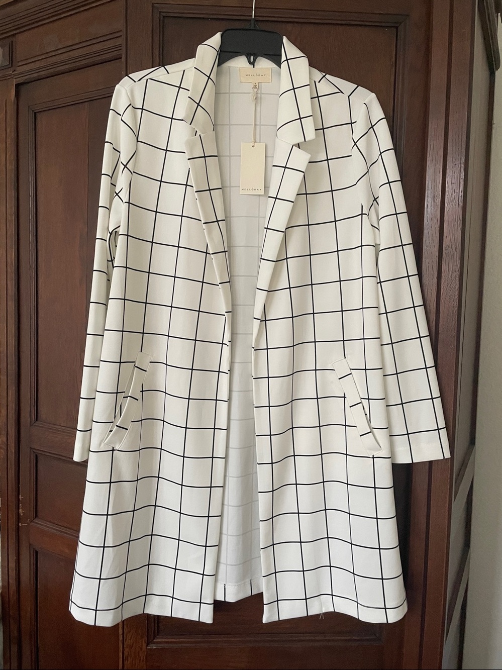 MEllODAY Trench Coat Blazer White/Black Grid Lightweight Relaxed Fit Unlined NWT